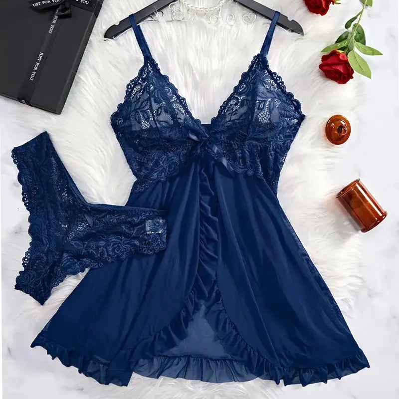 Halter Summer Dress V-neck Lace Tulle Nightgown Sexy Panties Women's Pajamas Plus Size Lingerie Delicate Set Ultra-thin Homewear