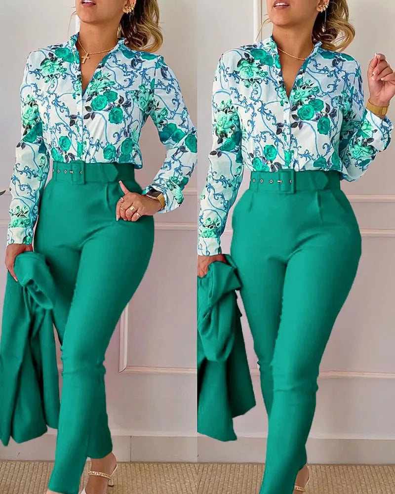 Autumn Winter Stand Neck Floral Print Long Sleeve Shirt Pants Two Piece Sets Elegant Women Casual Shirt Trousers Suits With Belt