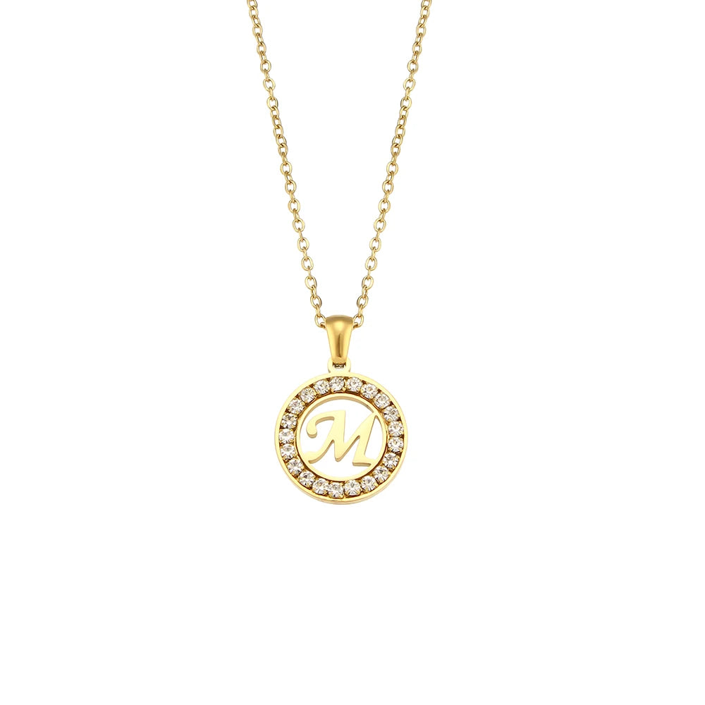 E.B.belle Hollow Round Zircon Paved 26 Alphabet Initial Necklace Ladies Elegant Birthday Gift 18K Gold Plated Letter Necklace