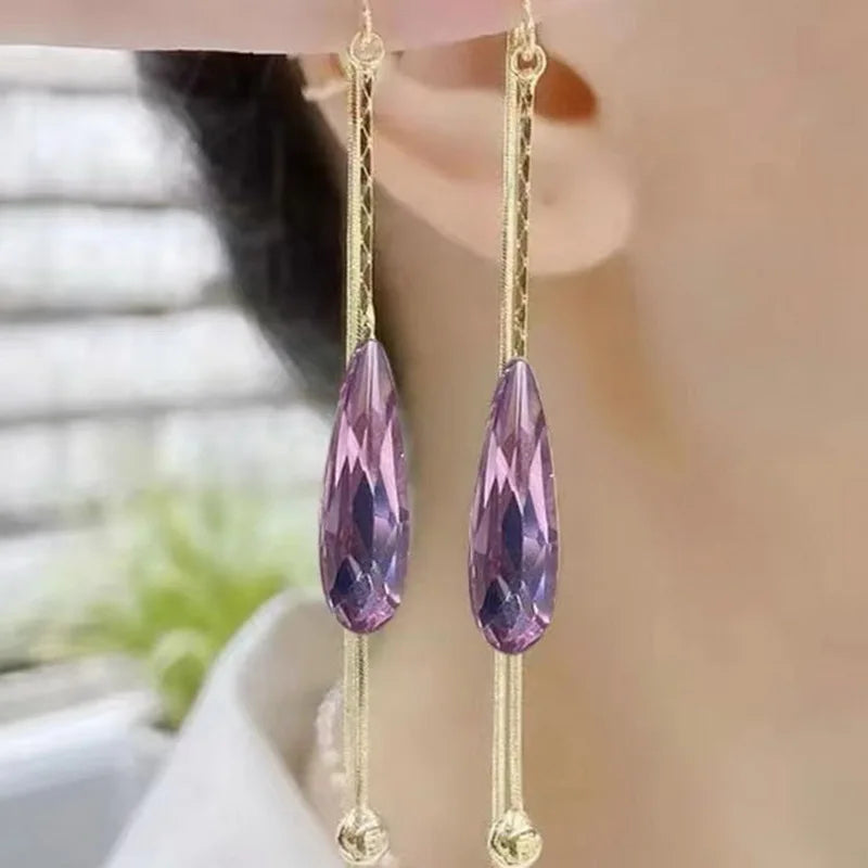 New Blue Heart Shaped Zircon Earrings For Women Light Luxury Long Tassel Ear Wire Dangle Earring Ladies Wedding Party Jewelry