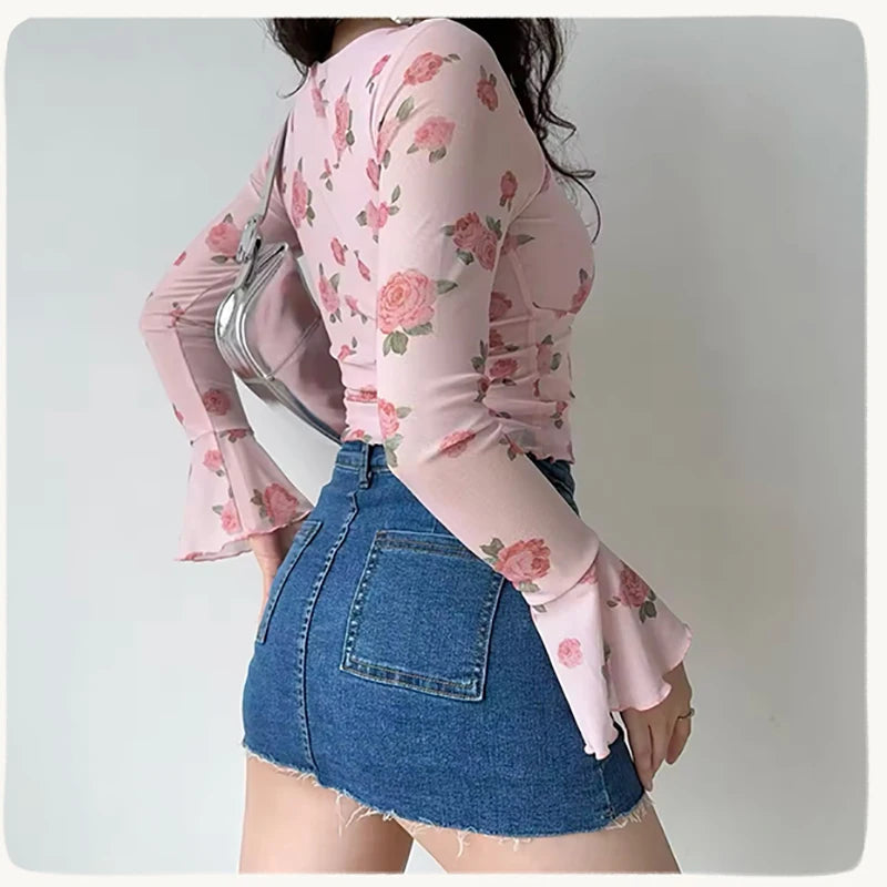 HELIAR Women Floral Printed Sweet Holiday T-shirts Flare Sleeve Lace Up Chiffon Office Blouse Mesh Beach Tees Top Spring Summer