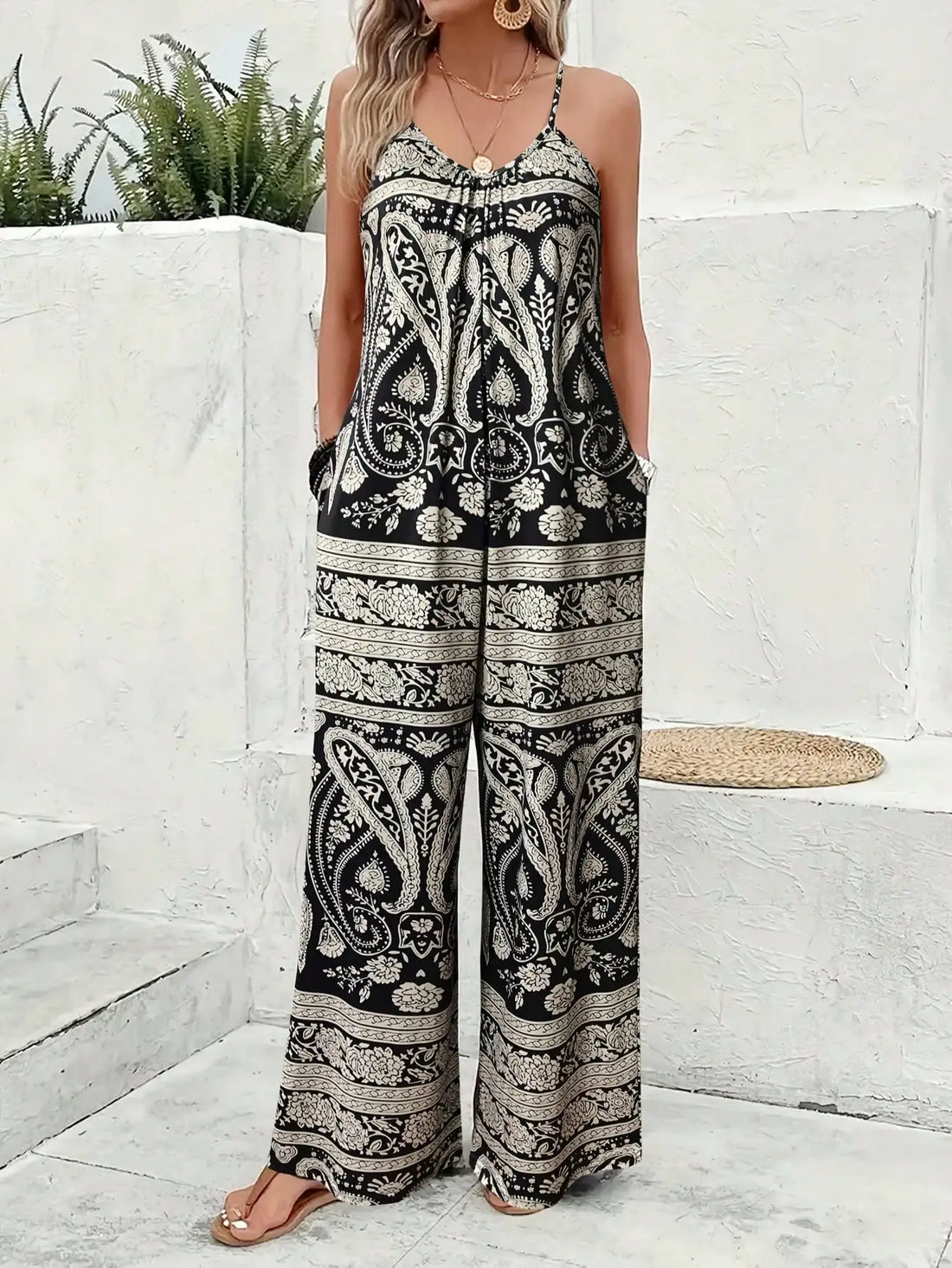 Women's Off the Shoulder Slingback Long Length Drawings Print Jumpsuit-Summer Sleeveless Jumpsuit For vacation outfits women