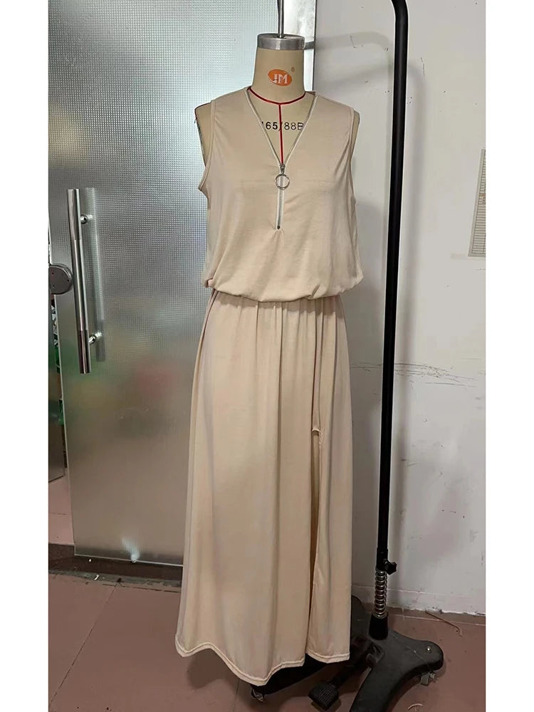 Fashion Sleeveless Tank Zipper Long Dress Women 2023 Summer Loose Casual Solid Slit Elegant Ladies Dresses For Women