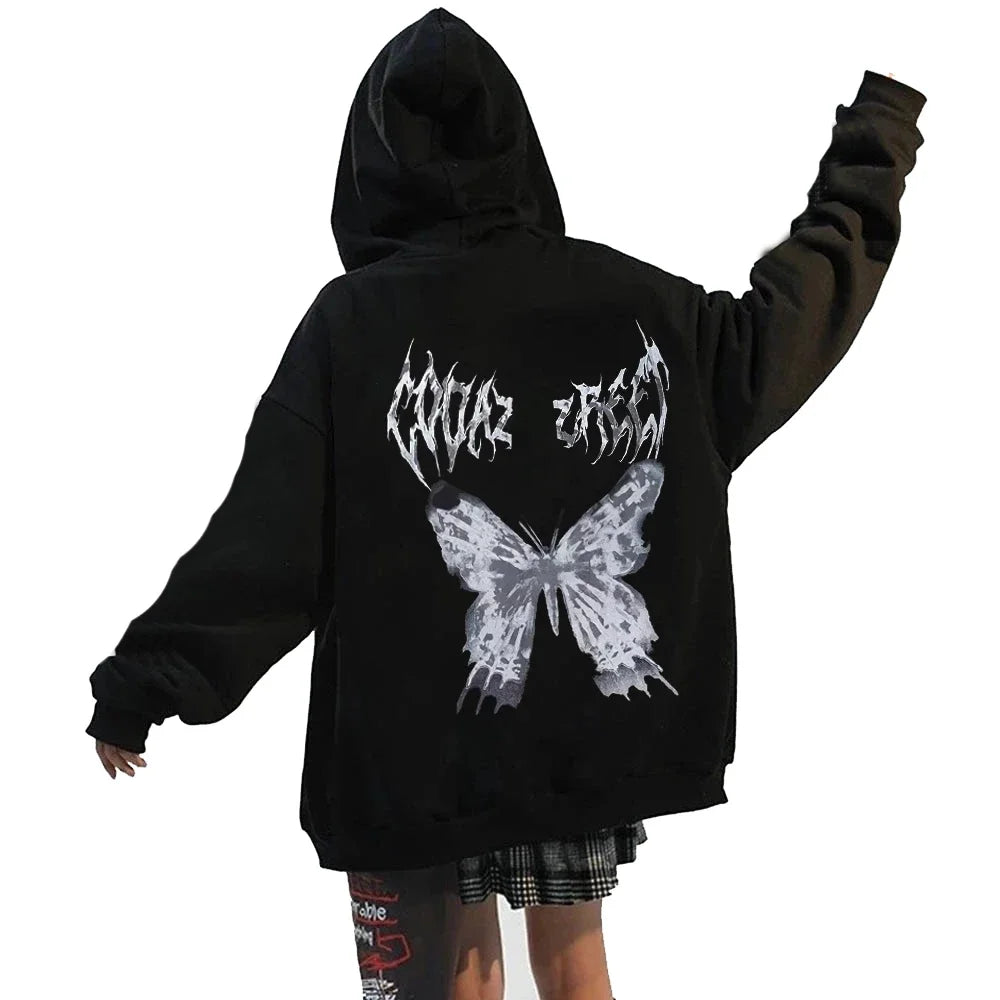Women Vintage Butterfly Print Hoodies Autumn Winter Zip Up Long Sleeve Pocket Loose Sweatshirt Y2K Female Gothic Streetwear