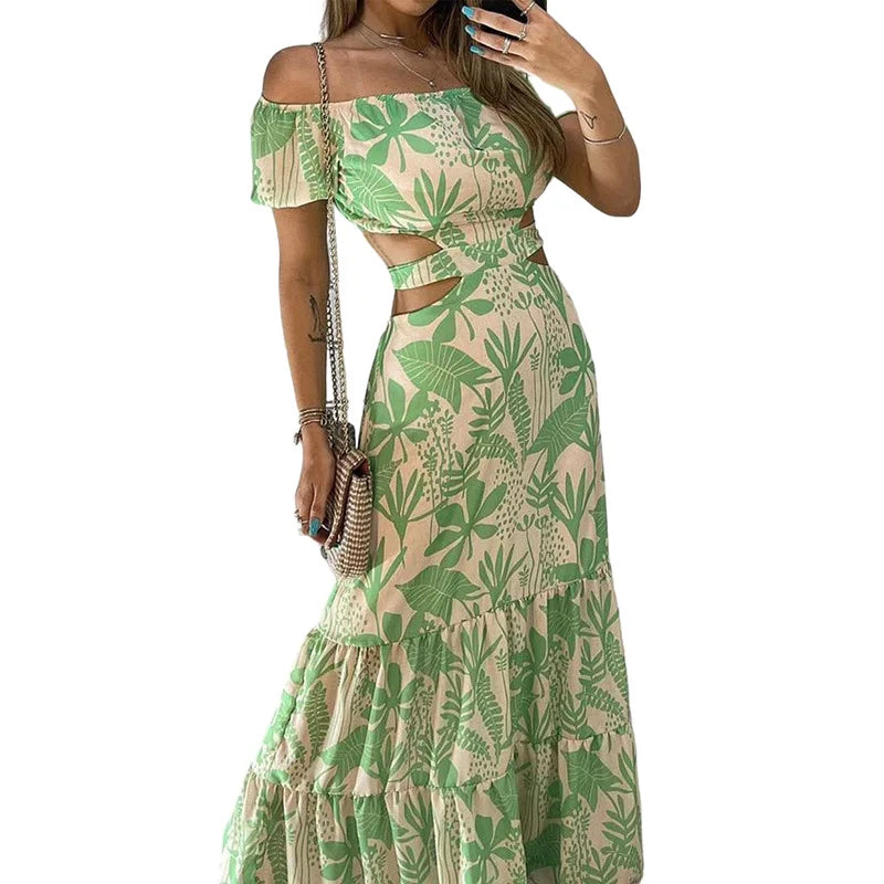 Sexy Women's Temperament Commuting Slim Fit Printing Hollow Lace up Large Swing Dress Women's Fashion Short Sleeve High Waist Dr