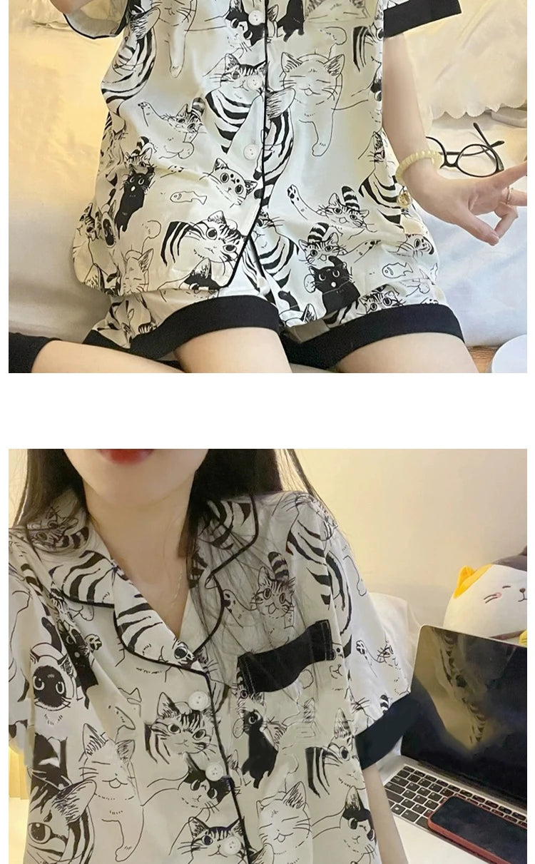Cartoon Black Cat Cute Women Two-piece Pajamas Simulated Silk Summer Cool Short Lady Sleepwear 2024 New Classic Female Housewear