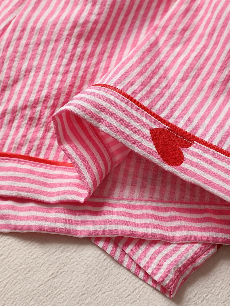 Stylish Women's Pink Heart Print Pajama Set Short Sleeve Lapel Top And Comfy Elastic Shorts Suit For Summer Loungewear Homewear