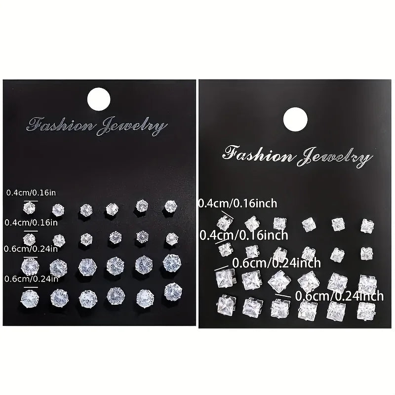 Simple, Elegant and Fashionable 48 Piece Zircon Earring Set, Women's Shiny Round and Square Cut, Stainless Steel Earrings