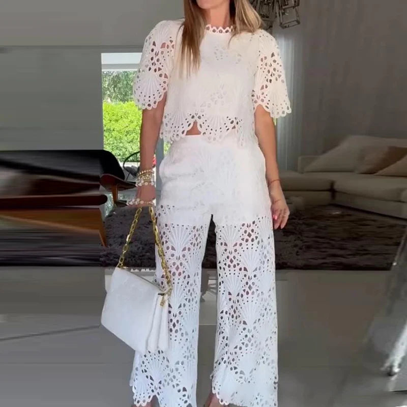 Trendy Solid Set Summer New Lace Embroidery Ruffles Elegant Outfits Women Hollow Out O Neck Half Sleeve Tops&Wide Leg Pants Sets