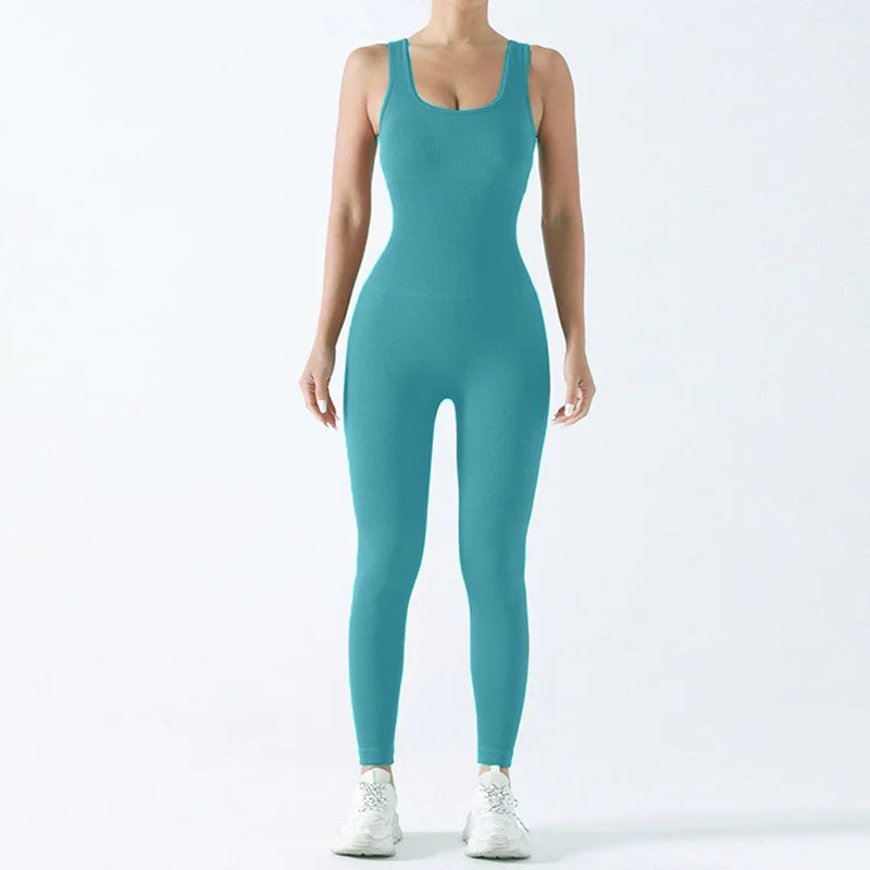 Women Workout Seamless Jumpsuit Yoga Ribbed Bodycon One Piece Square Neck Leggings Romper