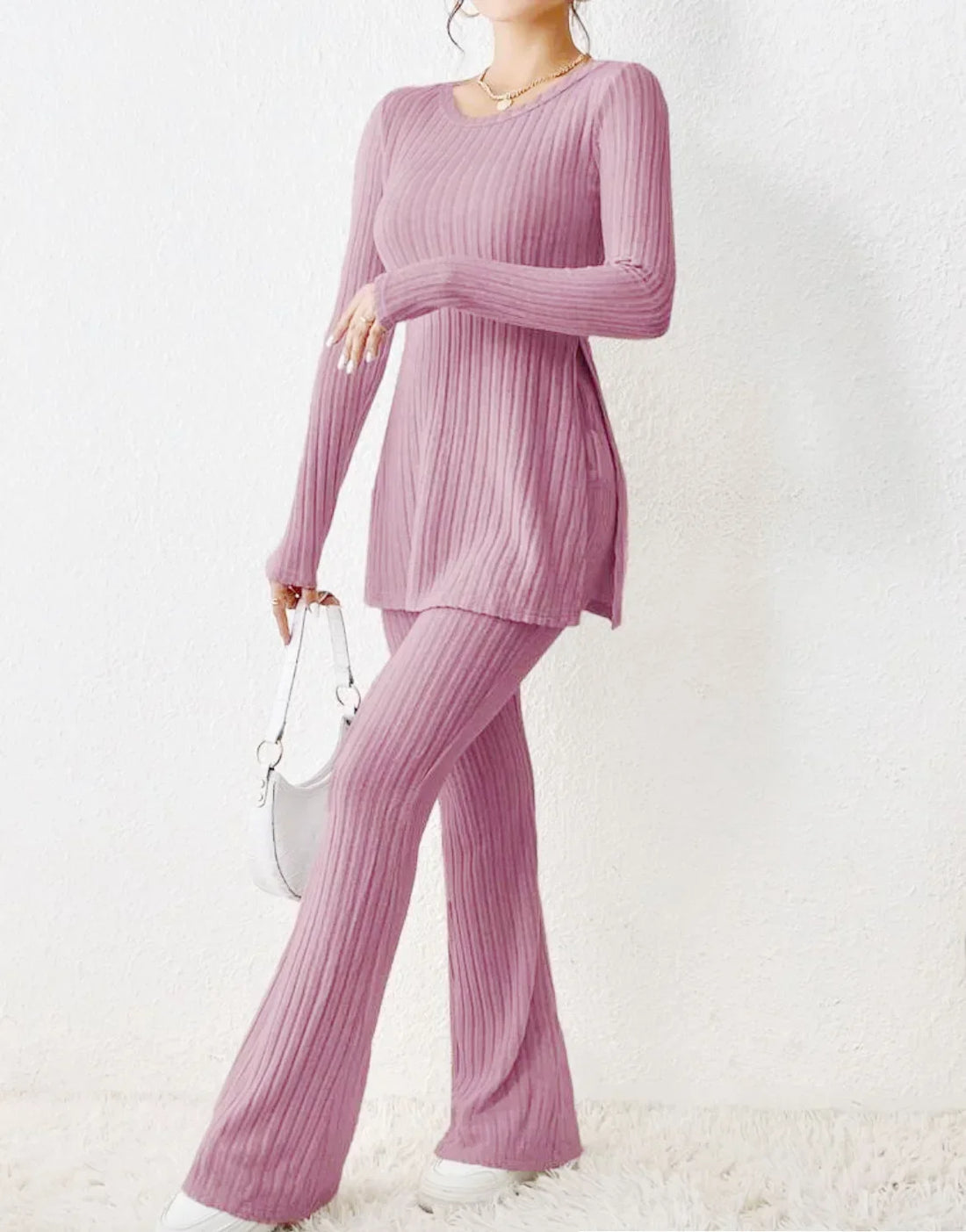 Autumn Winter Fashion Knit Suit 2024 Casual Loose Pullover+Elastic Long Pants Print Knitted Solid Two Pieces Sets Women Clothing