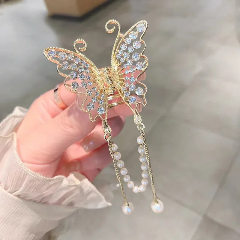 New Exquisite Rhinestone Butterfly Fringe Hair Claw Clips Korean Ponytail Braid Pearl Hairpin Girl Crab Metal Headdress Gift