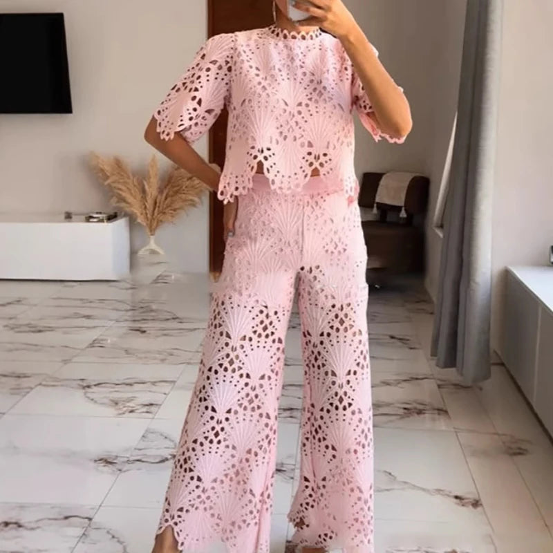 Trendy Solid Set Summer New Lace Embroidery Ruffles Elegant Outfits Women Hollow Out O Neck Half Sleeve Tops&Wide Leg Pants Sets