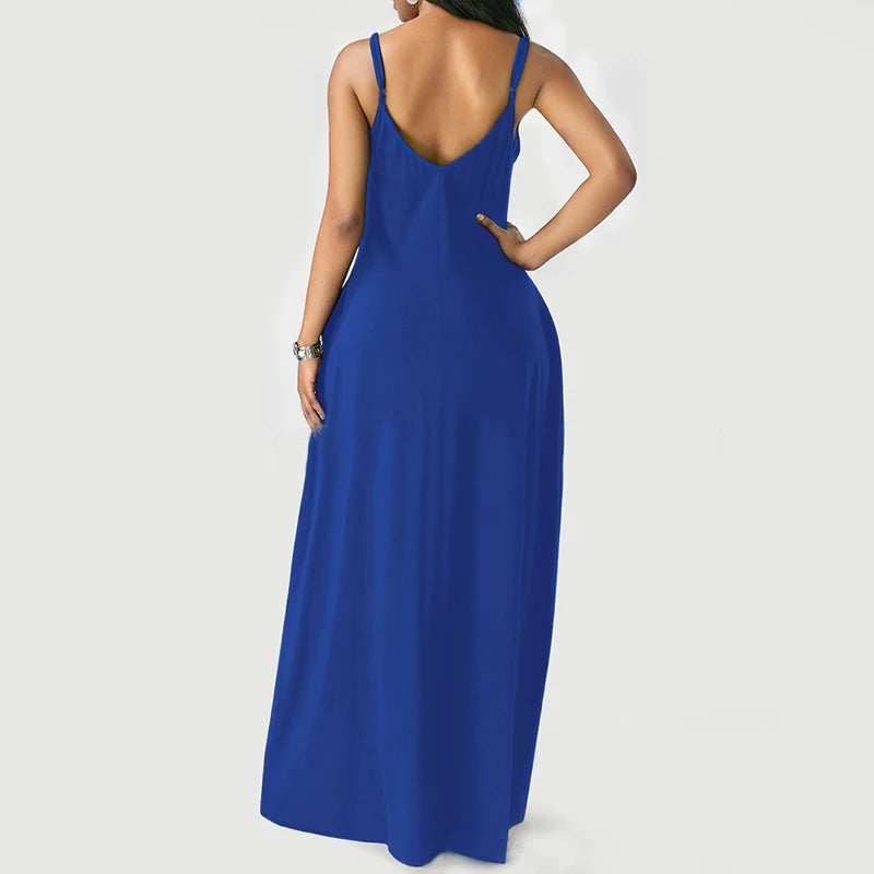 Women Pocket Long Dress Sexy V-Neck Sleeveless Loose Casual Dresses Summer Spaghetti Strap Solid Color Beach Maxi Dress S-5XL