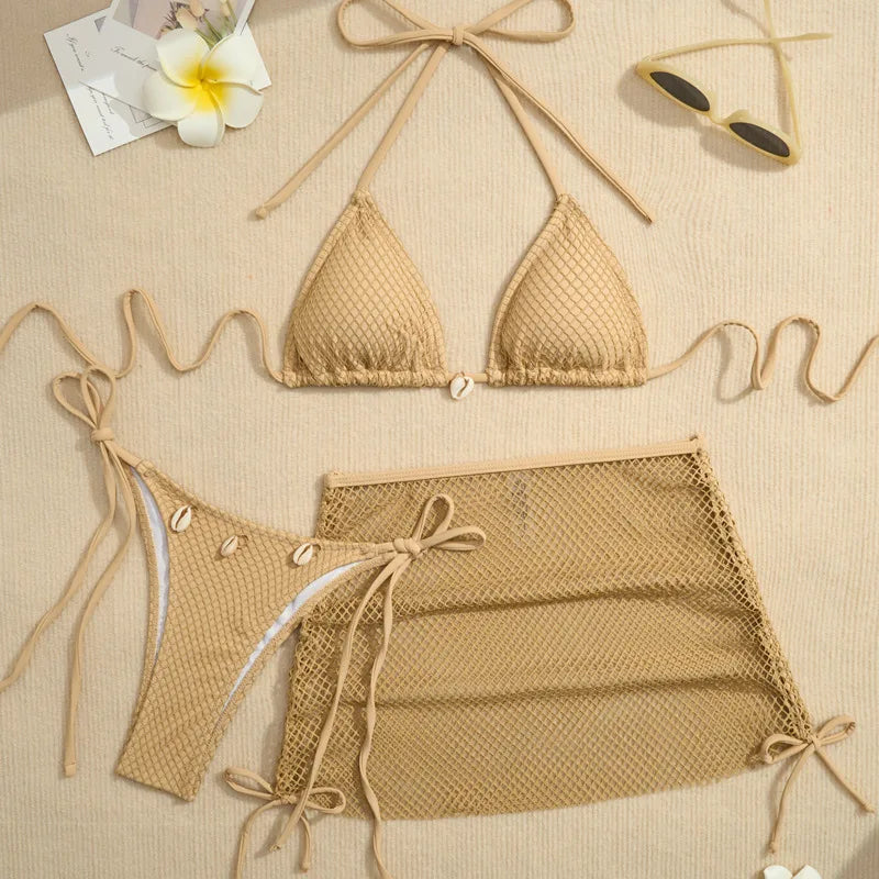 New Sexy Net Bikinis Female Swimsuits Women Three-Piece Swimwear Beach Swim Wear Bathing Suits Brazilian Bikini Set Pool Bather