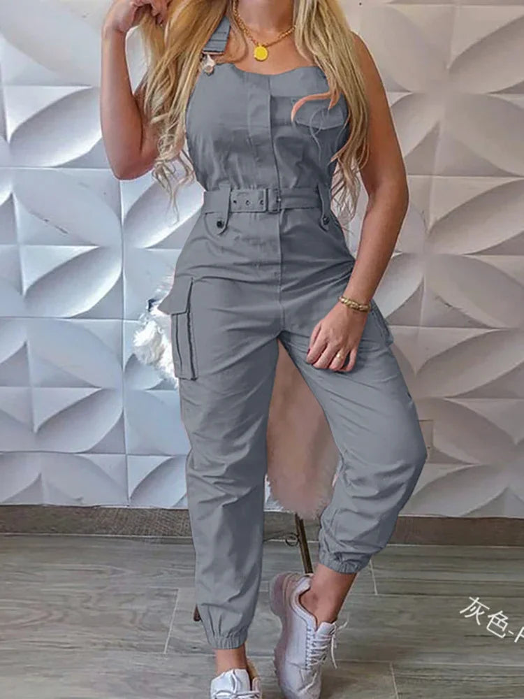 Sleeveless Cargo Long Jumpsuits For Women Casual Slim Solid Basic Women's Overalls Fashion Vintage Summer Playsuits