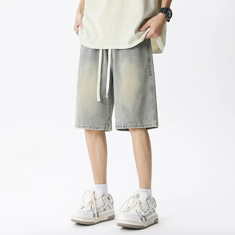 Casual Denim Shorts Men Elastic Waist Straight Comfortable Light Blue Soft Short Pants Baggy Wide Bermuda Male Jeans