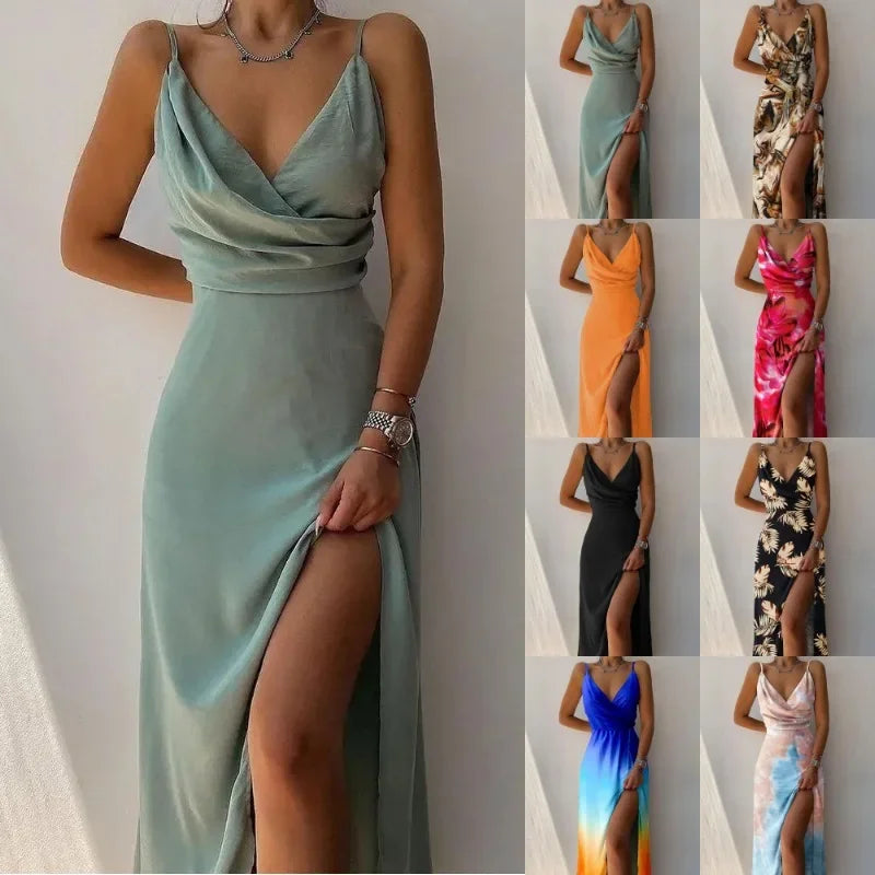 Women Print Dress Camisole V Neck Sleeveless A Line Long Dresses Spaghetti Strap Sexy Evening Skirt Prom Summer 2025 Vestidos