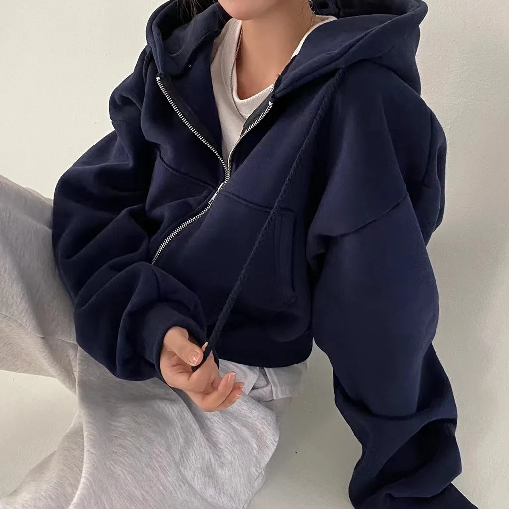 Fashionable Autumn and Winter Zipper Hooded Sweatshirt with Fleece Short Style Slim Fit and Warm Women's Hooded Sweatshirt Jacke