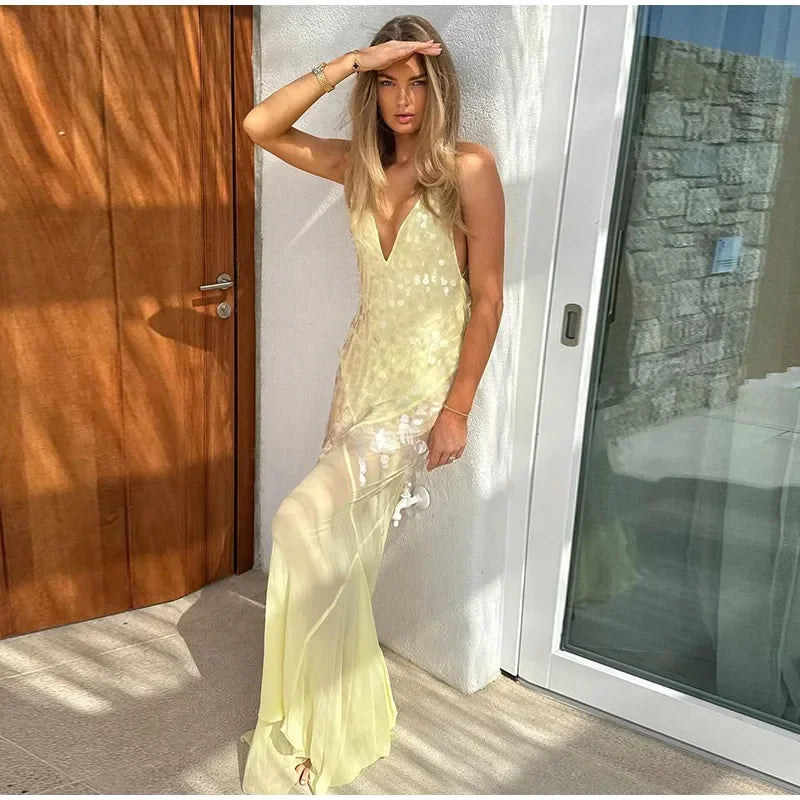 Sexy Sequins Backless Long Mermaid Dress Women Bodycon Halter Neck Sleeveless See Through Party Dresses 2024 Autumn Evening Gown