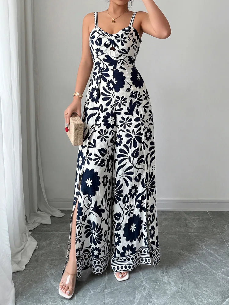 Jumpsuits Sleeveless Women V Neck Print Rompers Wide Leg Length Pants Jumpsuit Sexy High Waist Slight Strech Loose One Piece