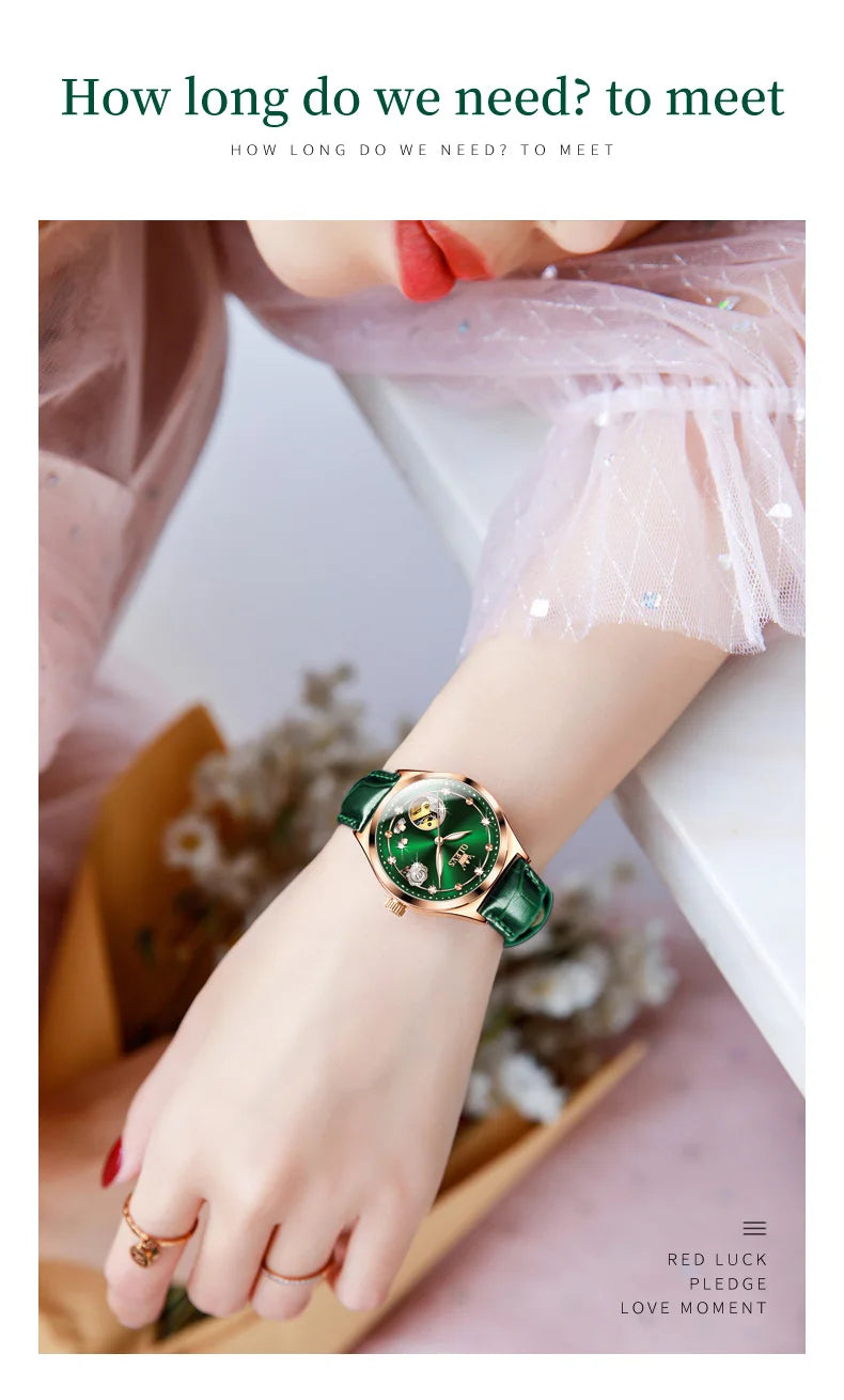 OLEVS Luxury Brand Women Mechanical Watch Leather Strap Waterproof Simple Fashion Ladies Automatic Wristwatch Relojes Para Mujer