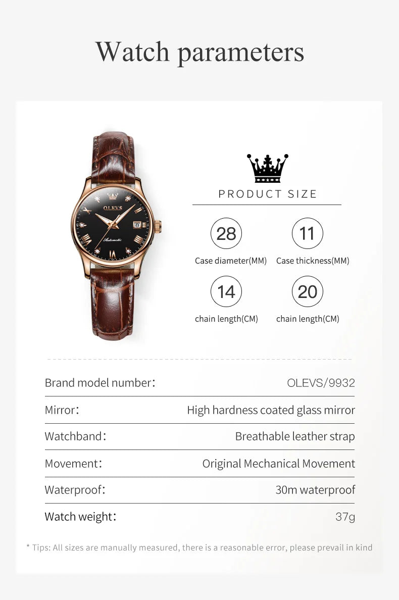 OLEVS 9932 Women's Automatic Mechanical Wristwatch Leather Strap Waterproof Dual Calendar Wristwatch Luxury Elegant Ladies Watch