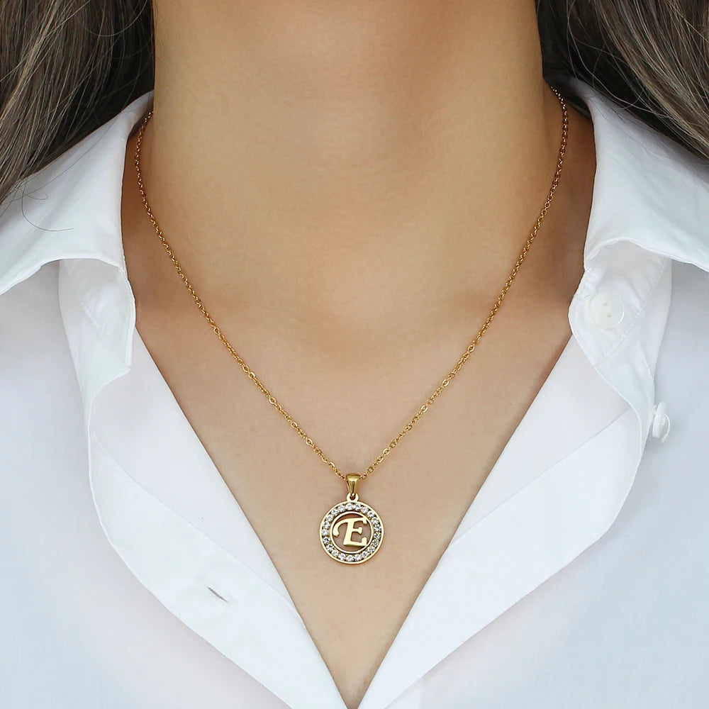 E.B.belle Hollow Round Zircon Paved 26 Alphabet Initial Necklace Ladies Elegant Birthday Gift 18K Gold Plated Letter Necklace