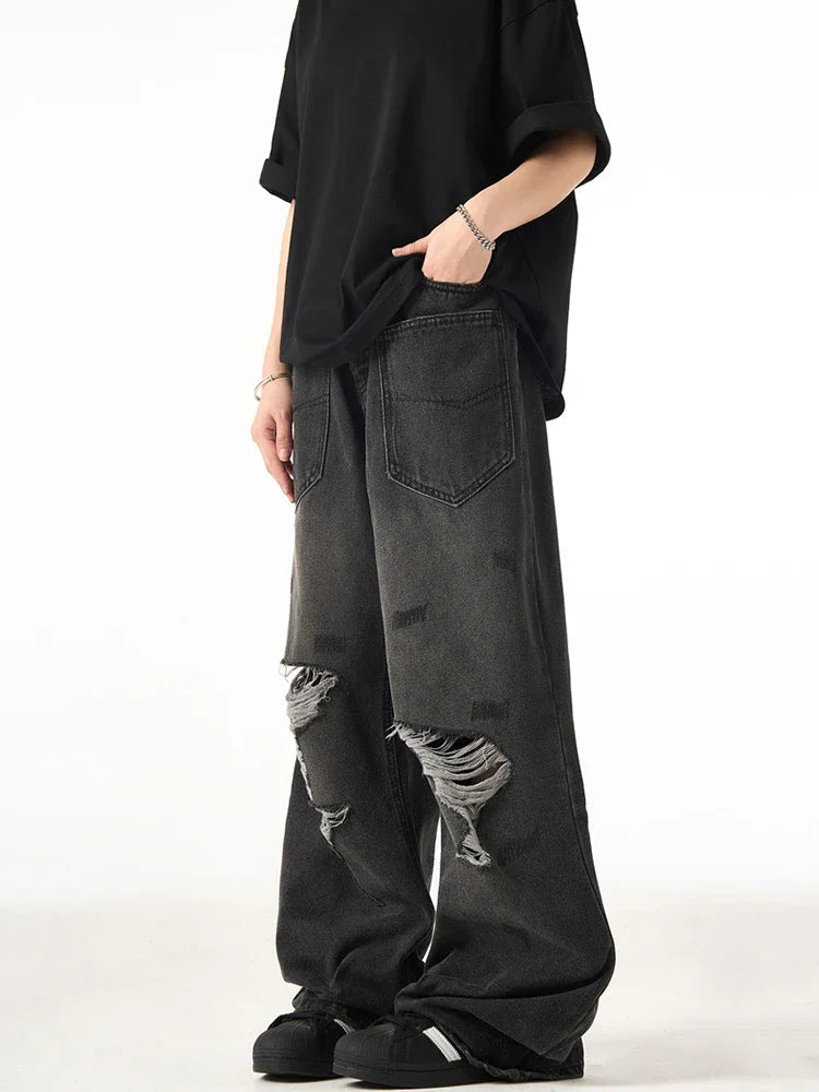 Spring American Retro Ripped Wide-leg Jeans For Men High Street Fashion Distressed Baggy Denim Pants 2025 New Casual Y2K Jean