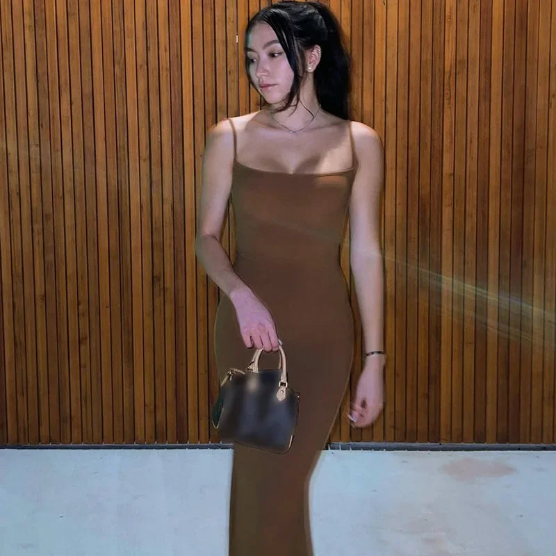 Y2K Backless Sexy Maxi Dress for Women 2025 Spring Slip Sleeveless Slim Party Concise Платье Female Bodycon Black Dress Vestidos