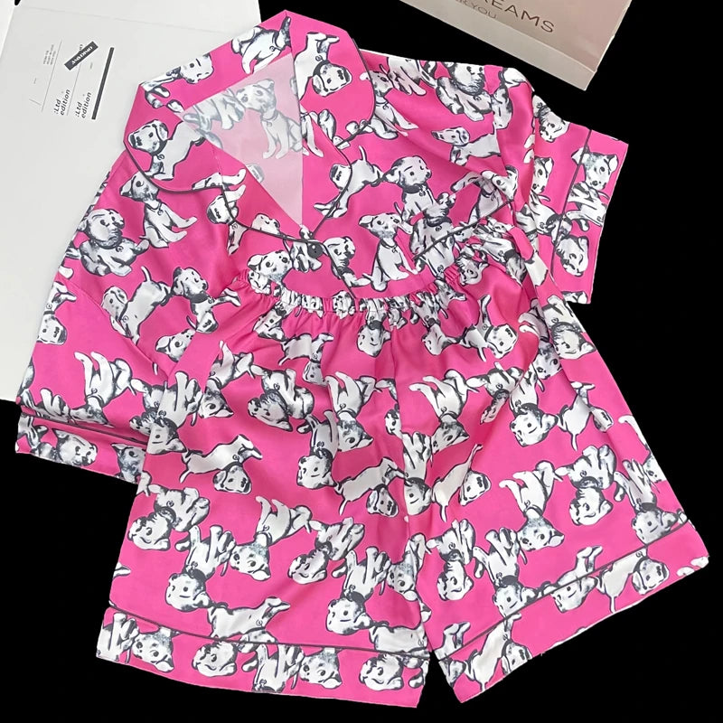 Cartoon Black Cat Cute Women Two-piece Pajamas Simulated Silk Summer Cool Short Lady Sleepwear 2024 New Classic Female Housewear