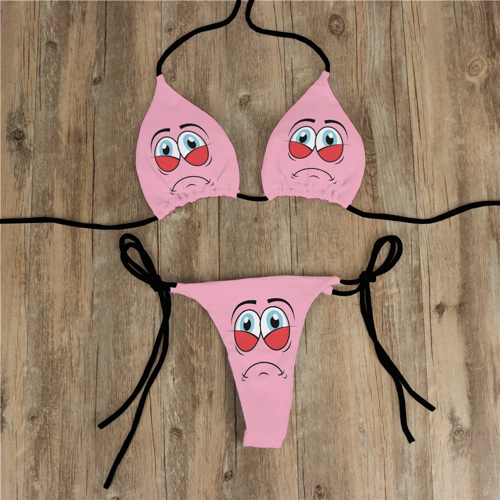 Sexy Bikini Set Yellow Swimsuit Cartoon Print  Fashion Sweet Women's Bra Swimsuit Deep V Summer Beachwear Party Bikini suit