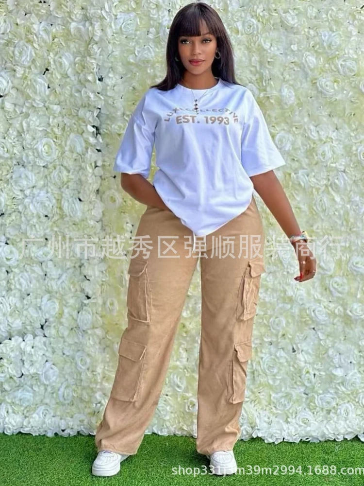 Pant Set Women Two Piece Sets Round Neck Short Sleeve Print Tops Y2k Cargo Pants Casual Loose Pockets High Waist Streetwear