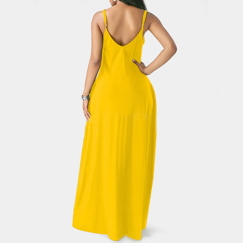 Women Pocket Long Dress Sexy V-Neck Sleeveless Loose Casual Dresses Summer Spaghetti Strap Solid Color Beach Maxi Dress S-5XL