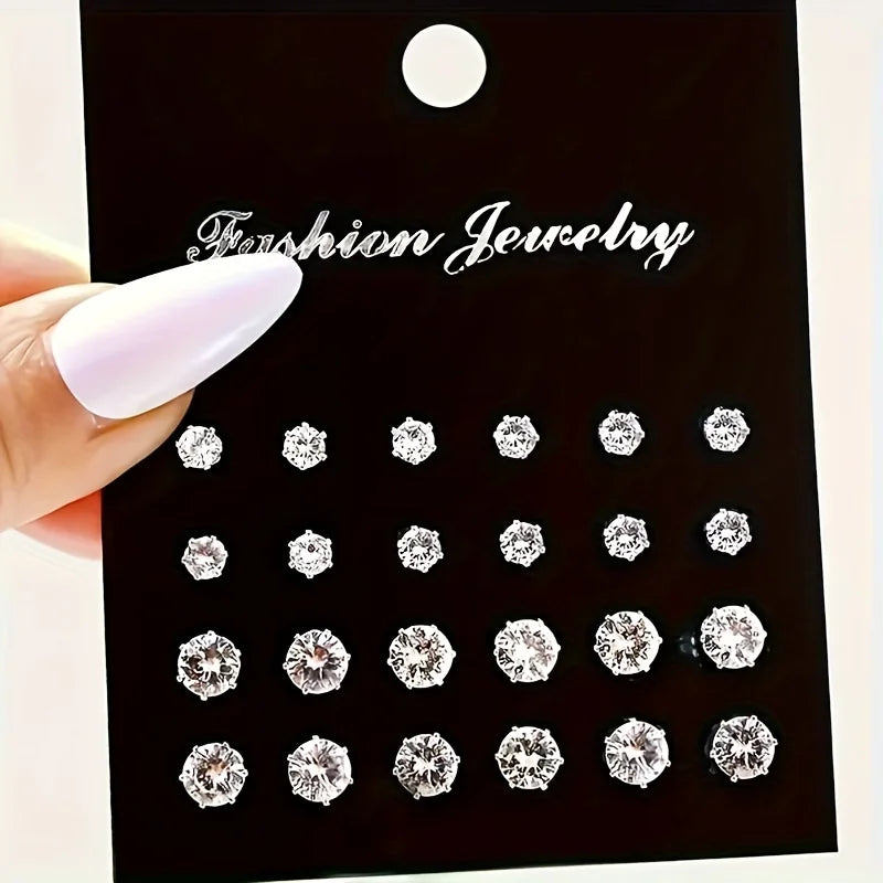 Simple, Elegant and Fashionable 48 Piece Zircon Earring Set, Women's Shiny Round and Square Cut, Stainless Steel Earrings
