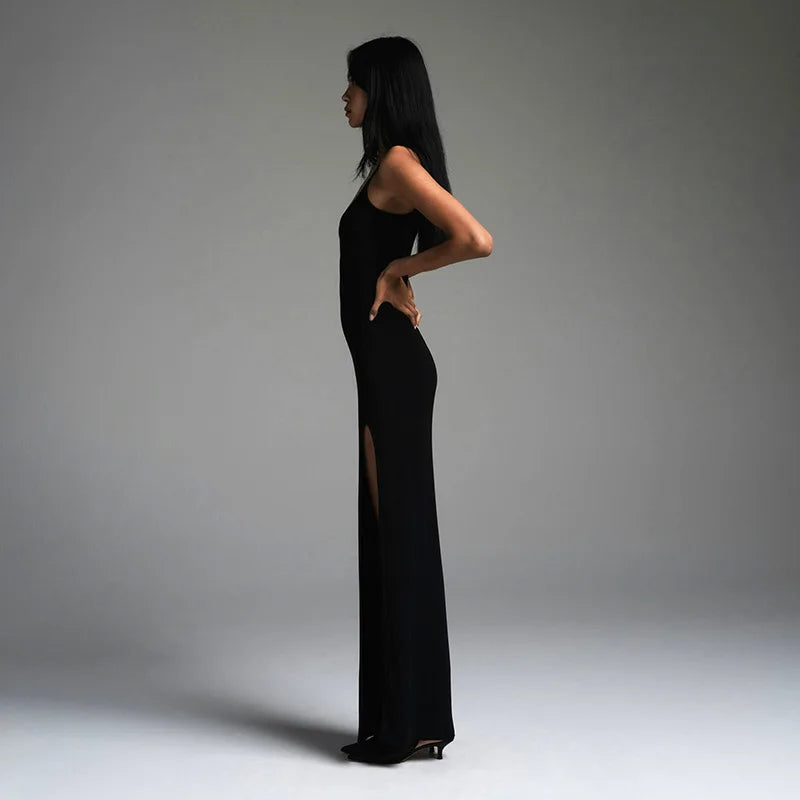 TRAF New versatile basic dress, halter high-slit dress, simple and elegant ankle-length dress, for date and vacation