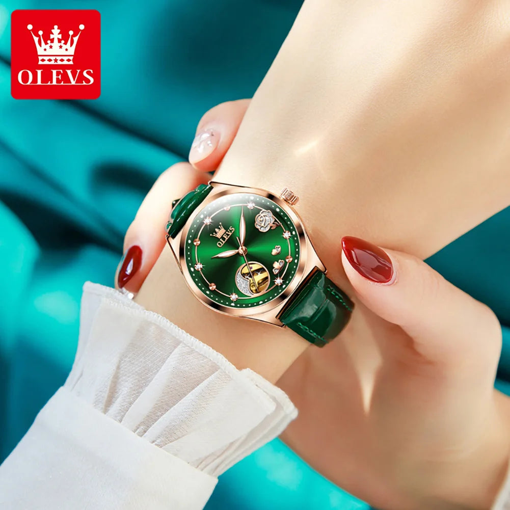 OLEVS Luxury Brand Women Mechanical Watch Leather Strap Waterproof Simple Fashion Ladies Automatic Wristwatch Relojes Para Mujer