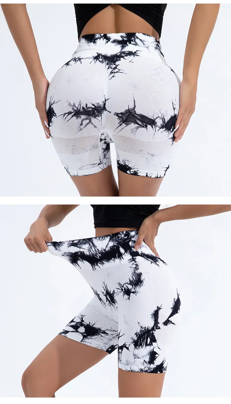 High Waist Yoga Shorts Women Seamless Push Up Shorts Gym Workout Running Shorts Tie Dye  Fashion Knit Slim Three Point Pants