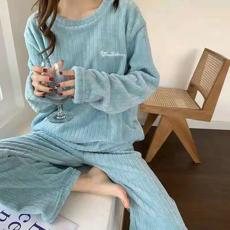 Autumn Women Solid Warm  Thicken Velvet Ribbed Fleece Set Pullover And Pants Women Casual Pajama Sets 2024