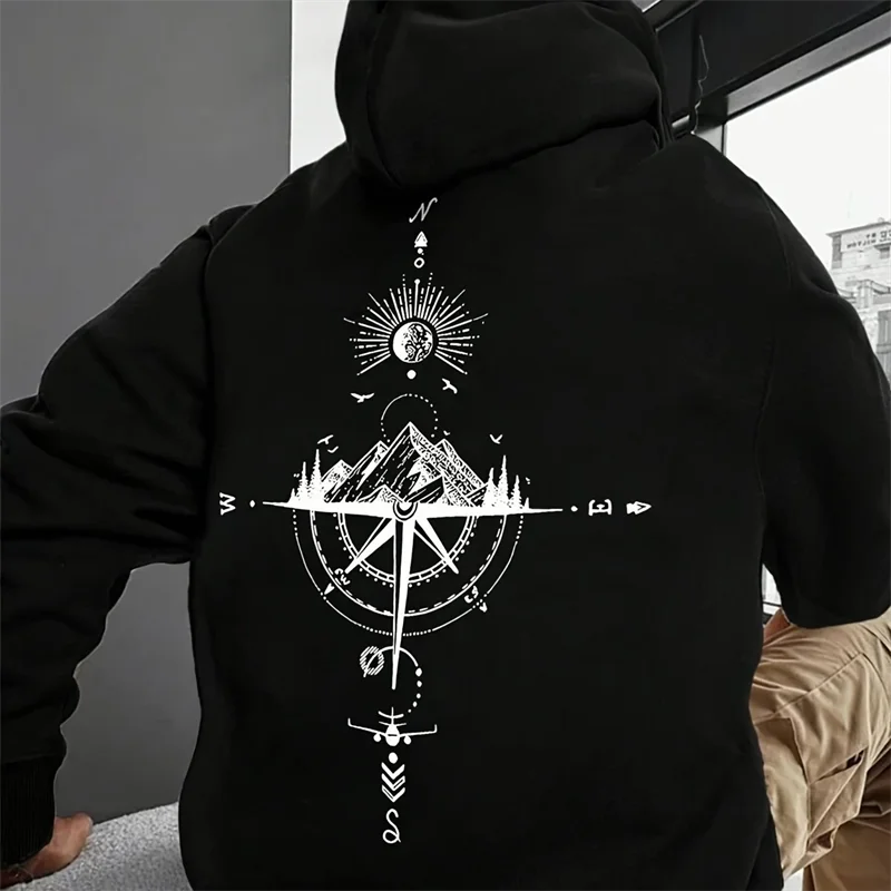 Vintage Compass Print Hoodies for Men High Quality Hooded Long Sleeve Pullover All Season Daily Casual Sports Tops Men's Clothes