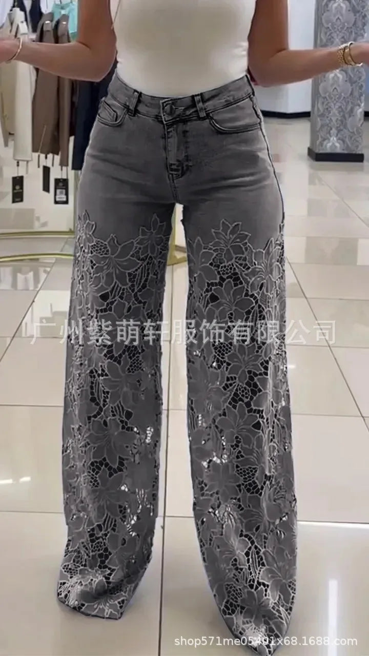 Women's Spring Summer Fashion Hollow Out Lace Splicing Denim Drape Pants Full Length Trousers