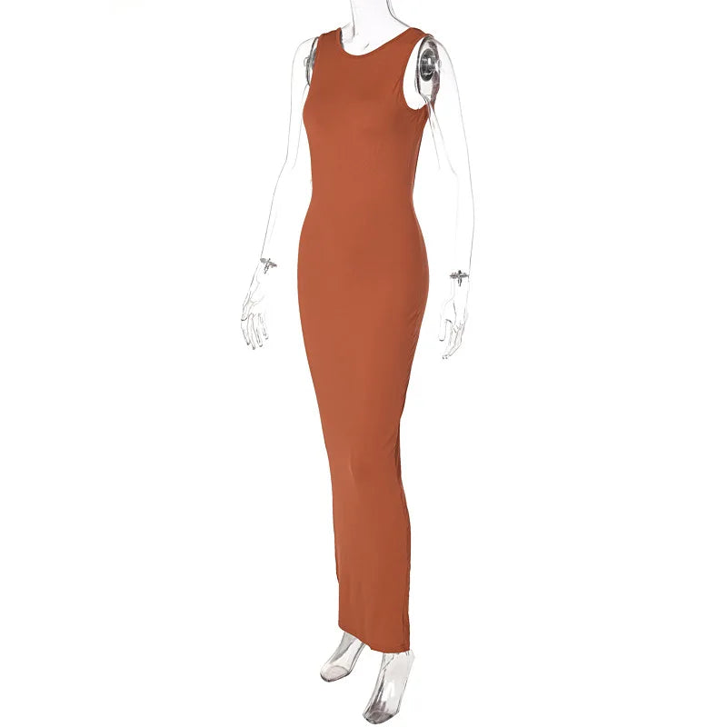 Sexy Open Back Backless Split Slim Bodycon Maxi Dress Women Sleeveless Solid Color Skinny Evening Long Dress Club Party Vestidos