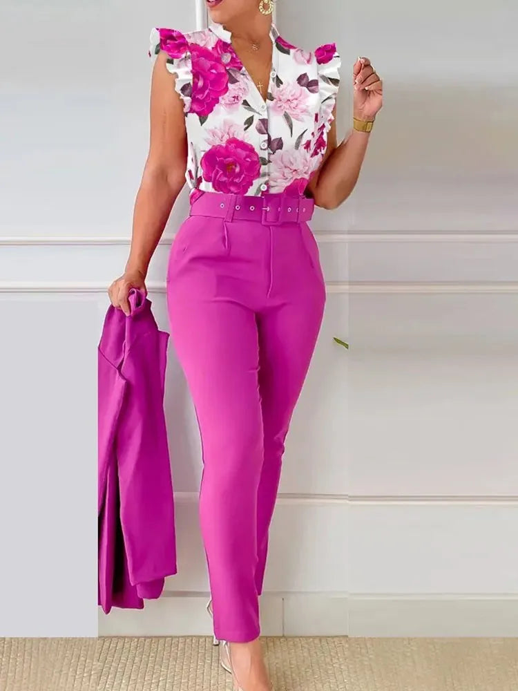 Spring Summer Women's New Printed Lotus Leaf Sleeveless Shirt Suit Elegant Slim Femal Office  Long Pants Belt Two Piece Set 2025
