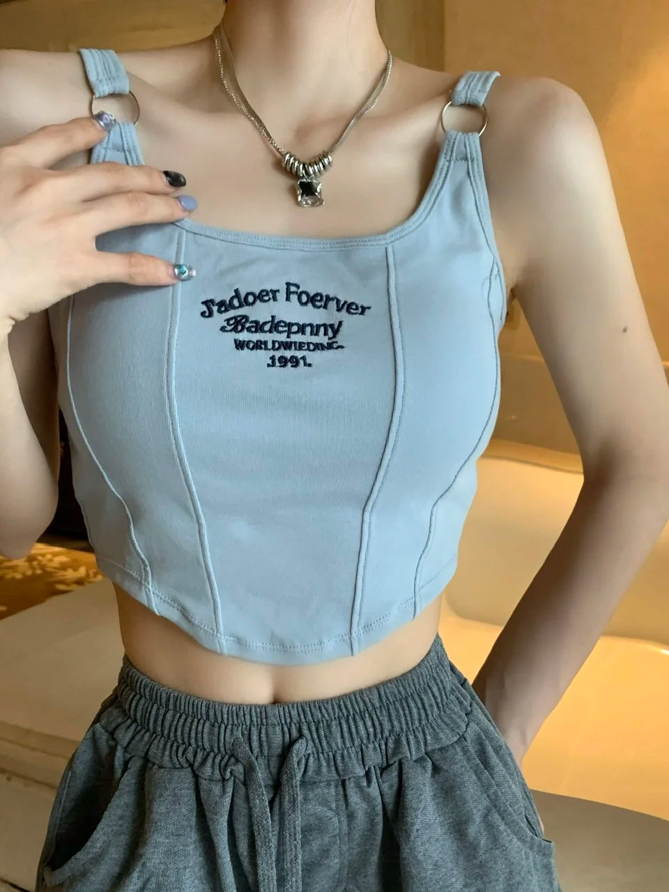 Women Embroid Letter Tank Tops With Bra Pad Casual Camis Y2K Crop Tops For Women Shoulder Belt Iron Ring Tank Tops