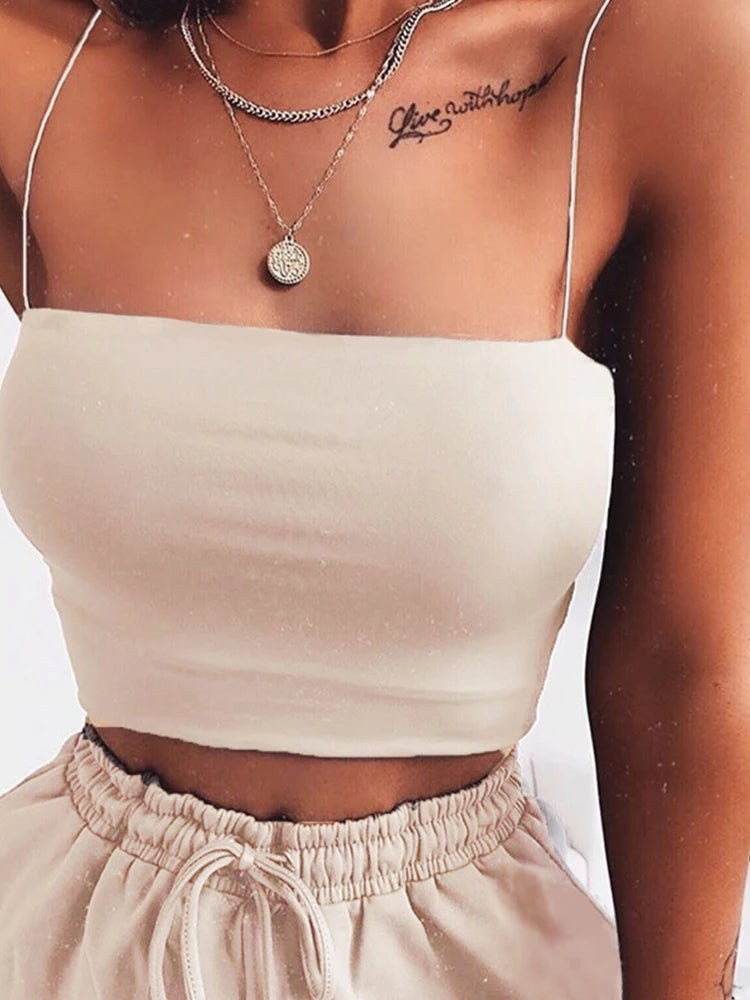 2024 New Fashion Women Spaghetti Strap Crop Top Sexy Bodycon Sleeveless Cami Tube Top Basic Plain Camisole
