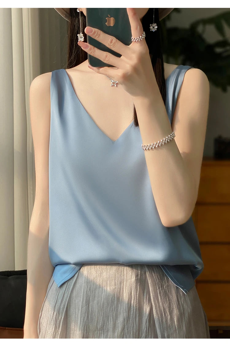 2024 New Silk Satin Women's Tank Top Basic V-neck Multi Color White Black Women's Sleeveless Top Summer Sexy Bottom