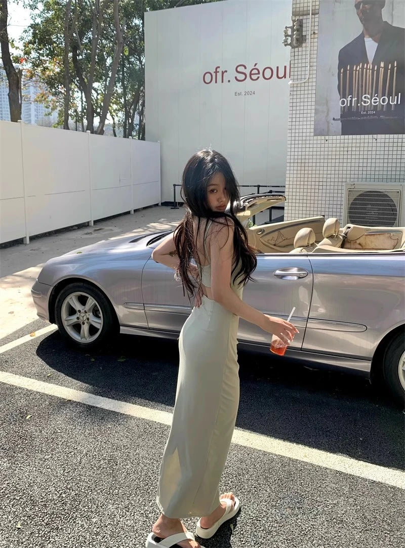 Sexy Spicy Girl Hollow Backless Back Camisole Dress Women's Summer Y2k Clothing Party Bodycon Dresses Split Wrapped Hip Sundress
