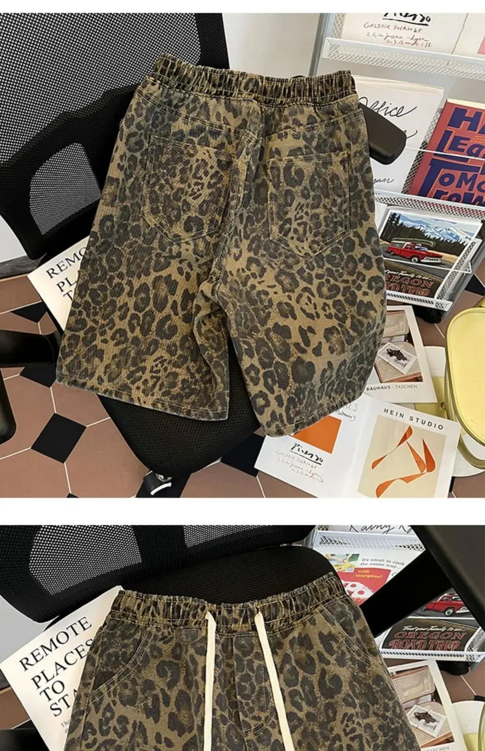 American Retro Leopard Print Denim Shorts Men's High Street Niche Loose Design Five-point Mid-pants