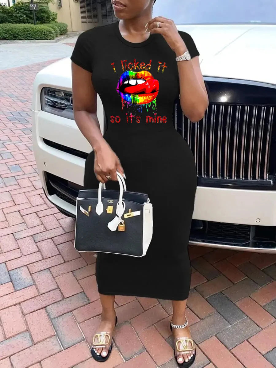 Women's Spring/Summer Colored Lipprint Letter Print Casual Slim Fit Round Neck Short Sleeve Sexy Dress