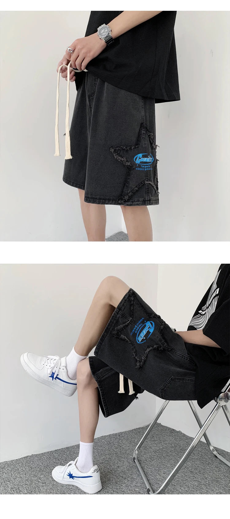 Summer Pentagram Patch Shorts Elastic Waist Letter Printed American Retro Casual Fashion Men Denim Knee-length shorts